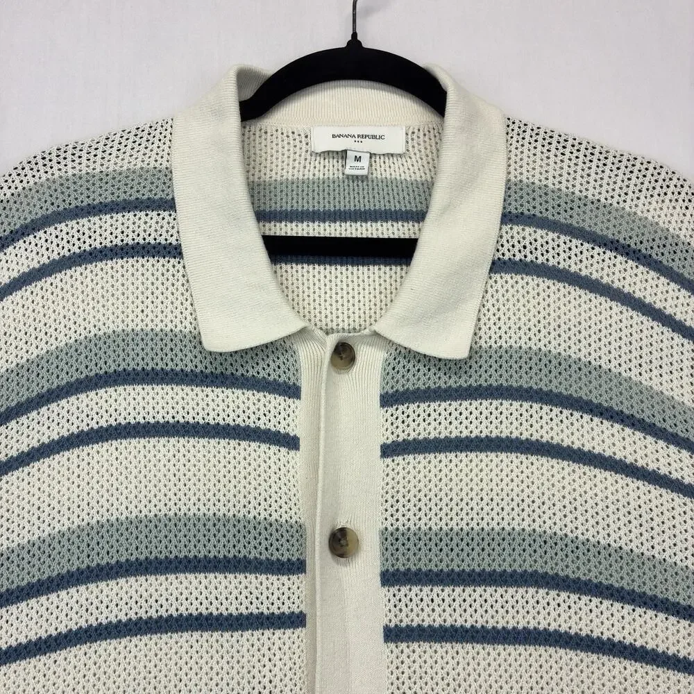 Banana Republic Men’s Medium Knit Polo Shirt Blue Stripe Open Weave Button Up